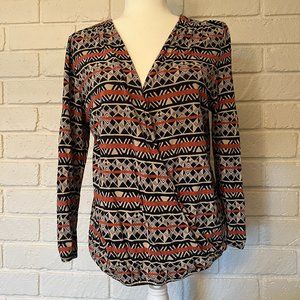 Lucky Brand Multi Colored Aztec print wrap top with 3/4 ruched sleeves